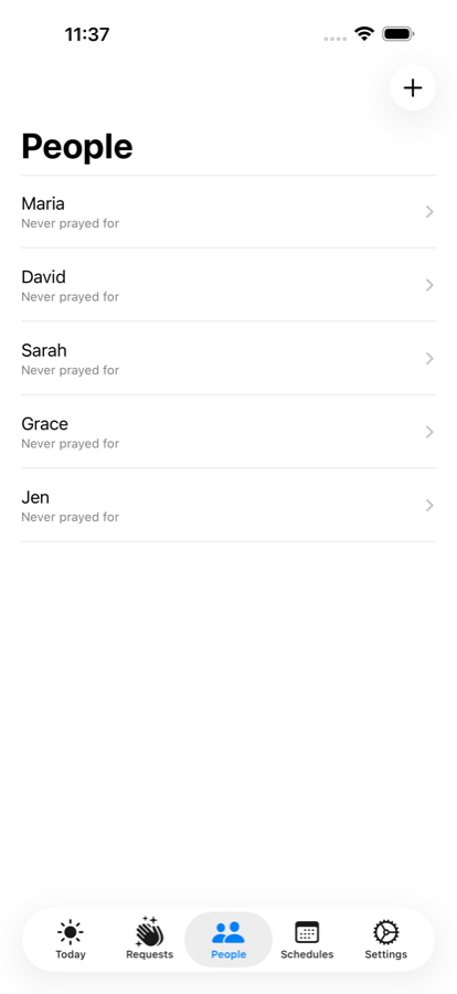 The People list, showing when each person was last prayed for.