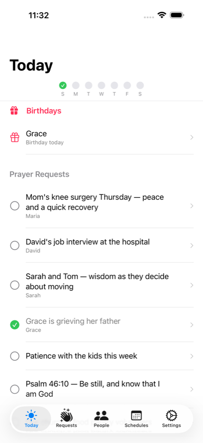 The Today screen: a week of dots, a birthday, and today's prayer requests, one marked prayed.